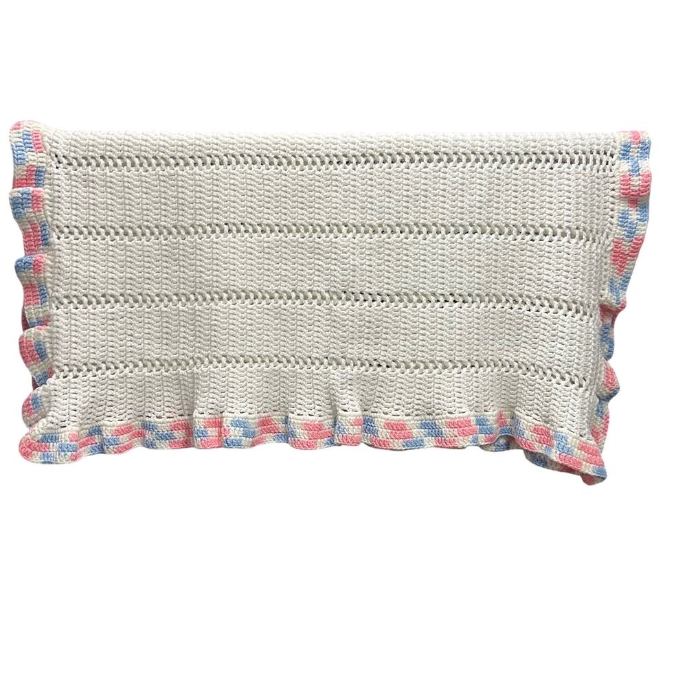 Handmade Crochet Knit Baby Afgan 34x36 White Blue Pink‎